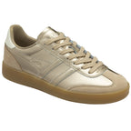 Gola women's low-top sneaker in metallic gold with tan suede accents and gum sole