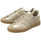 Pair of Gola Elan sneakers in metallic gold with beige suede accents and gum soles