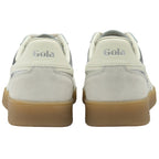 The back view of two Gola sneakers, showing the white heel with the Gola logo and gum soles.