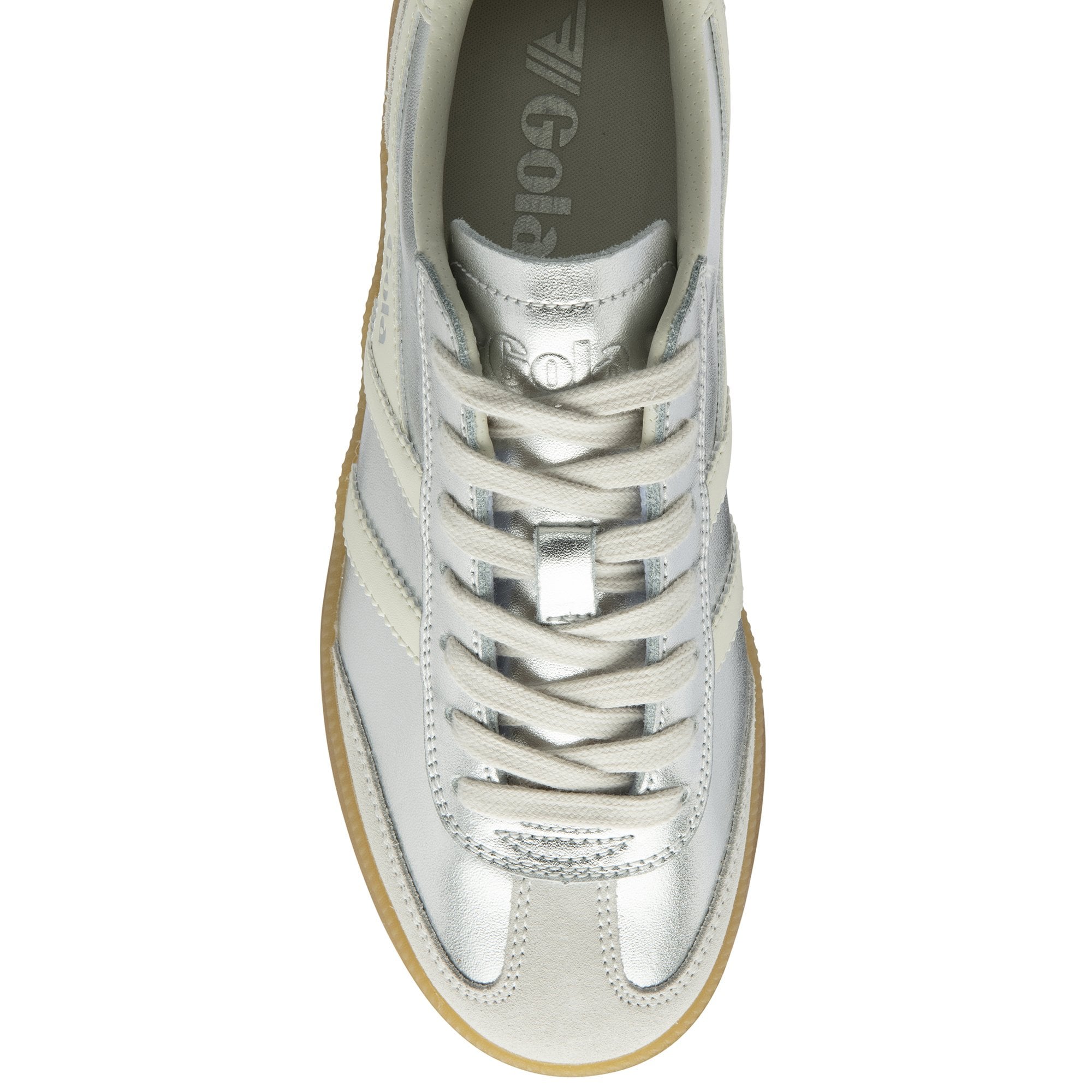 Top-down view of a silver Gola sneaker, highlighting the white laces and Gola logo on the tongue.