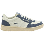 A single Gola low-top sneaker in off-white and blue suede on a white background.
