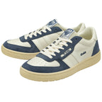 A pair of Gola low-top sneakers in off-white and blue suede, angled to the right.