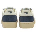 The rear view of a pair of off-white and blue suede Gola low-top sneakers.