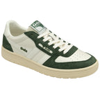 Angular view of a Gola men's sneaker in white and green with a beige sole.