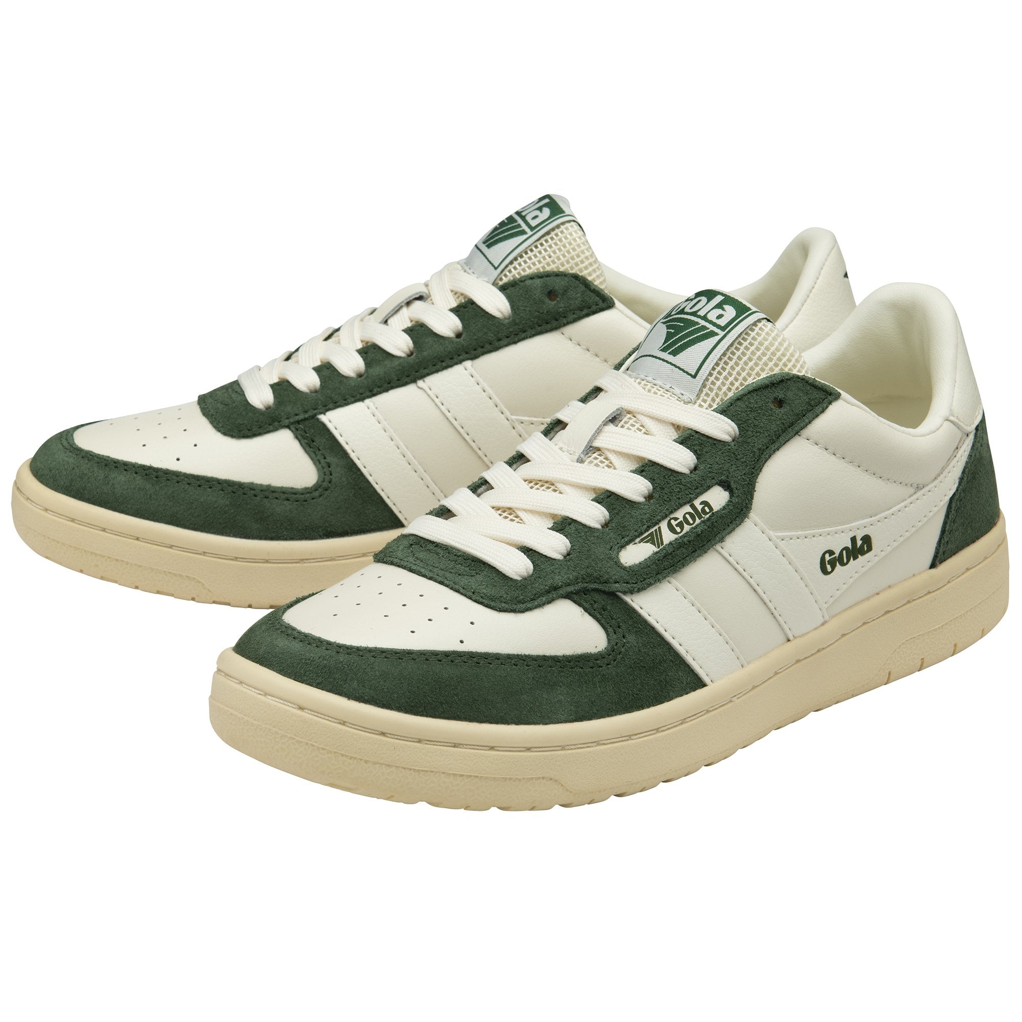 Pair of Gola men's sneakers in white and green with a beige sole.
