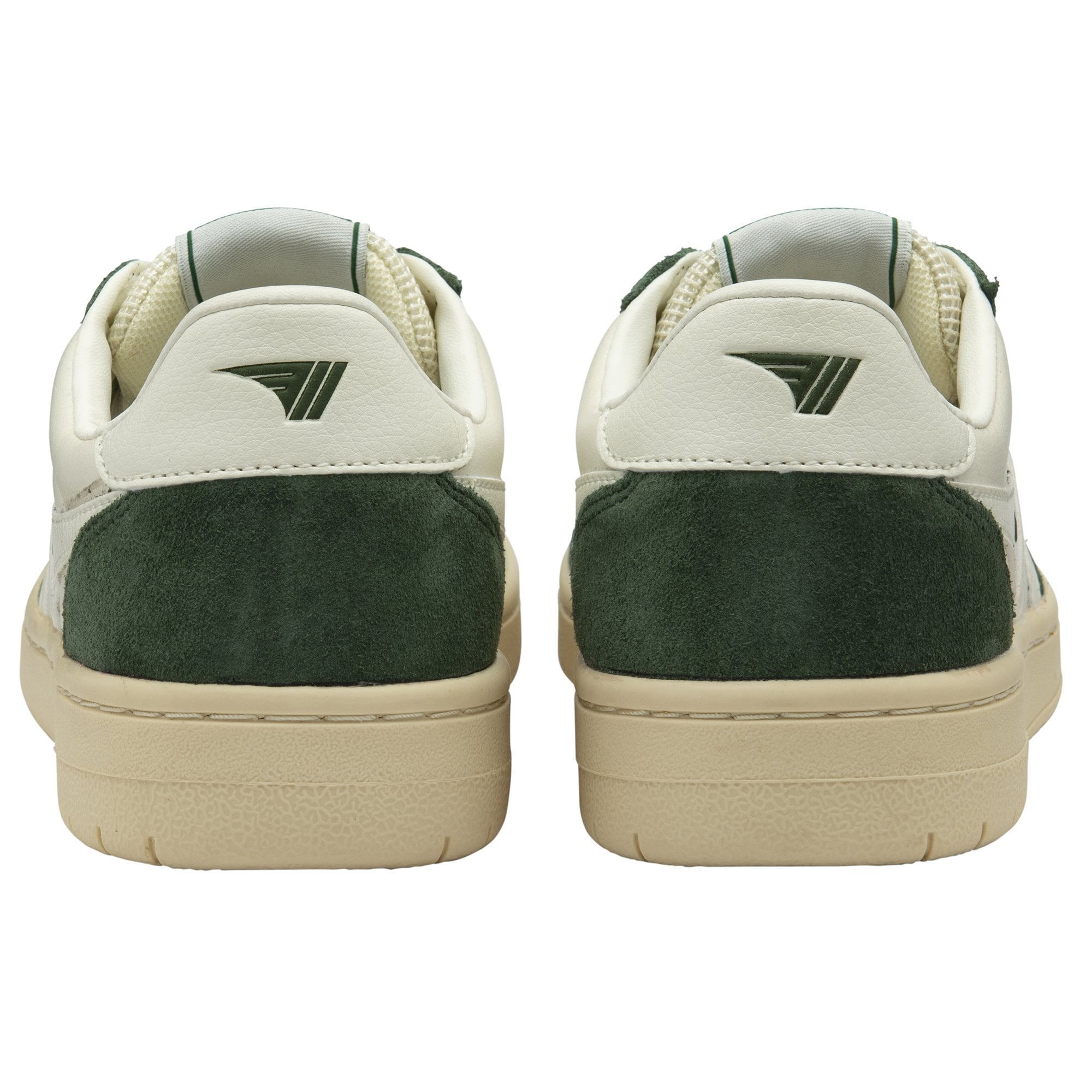Rear view of a pair of Gola men's sneakers in white and green.