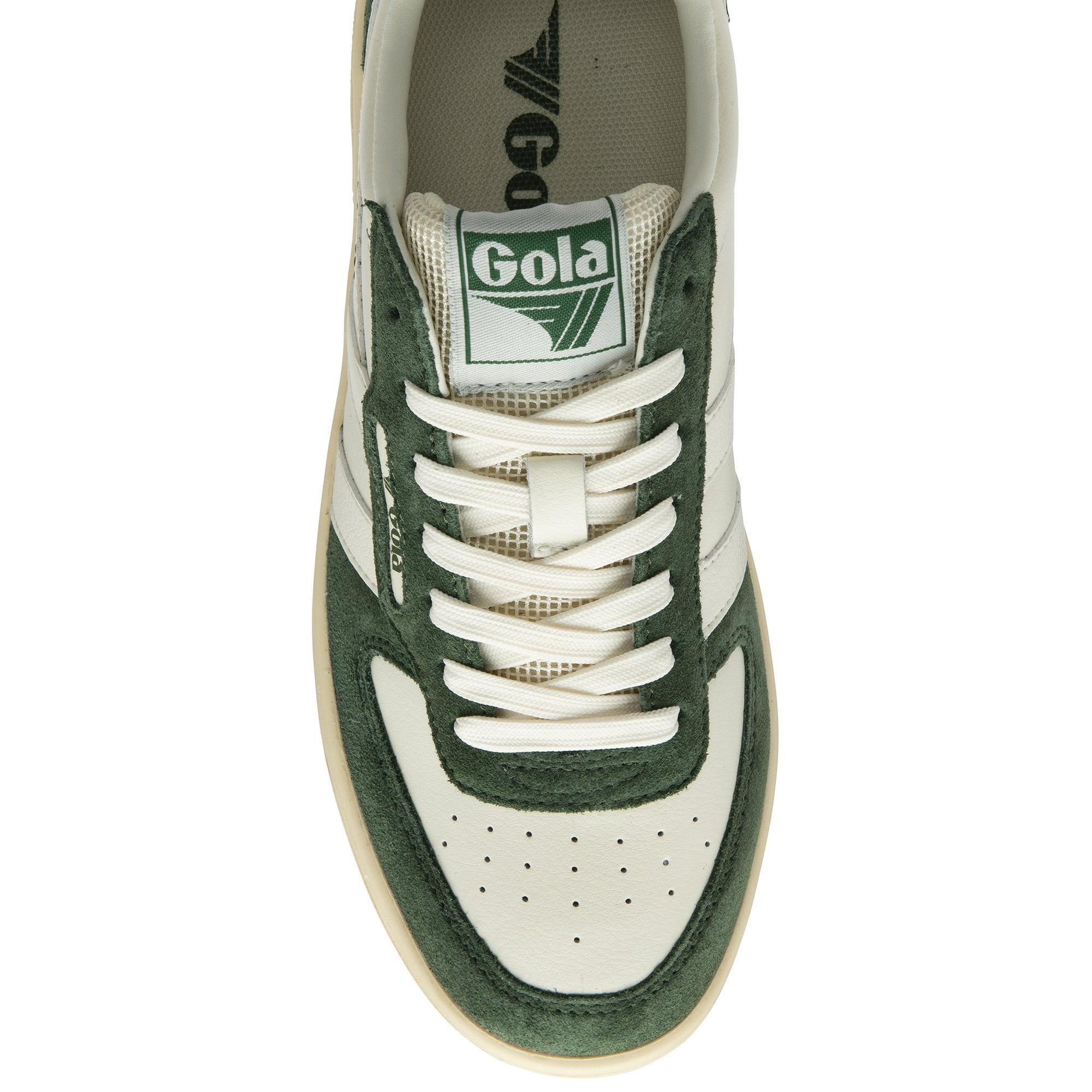 Top-down view of a Gola men's sneaker in white and green.