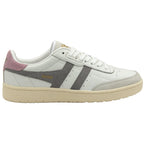 A white and grey Gola men's trainer with a pink heel accent, seen from a side angle.
