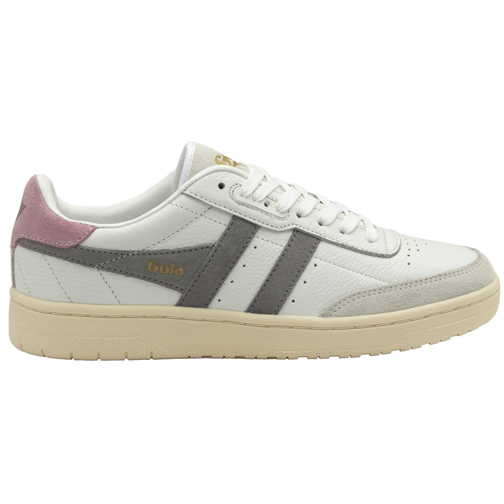 A white and grey Gola men's trainer with a pink heel accent, seen from a side angle.