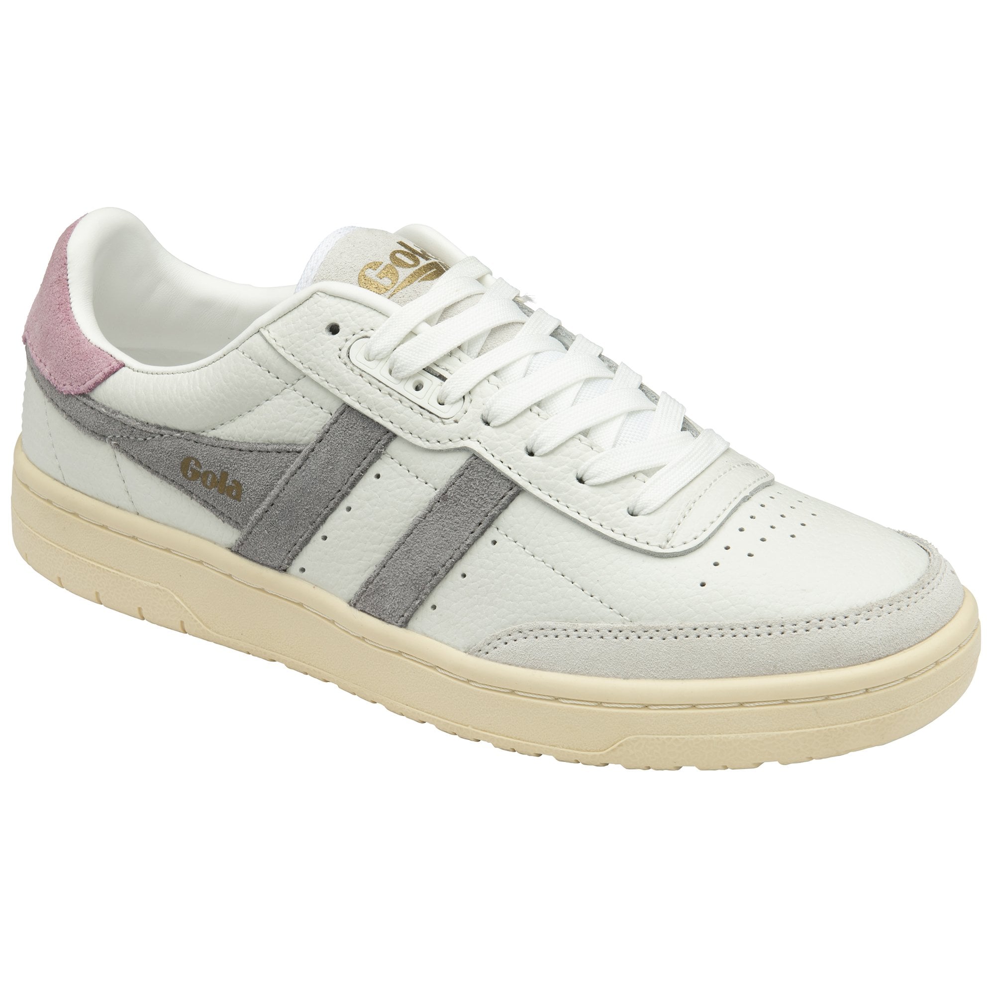A Gola men's trainer, white with grey stripes and a pink heel, viewed from the side.