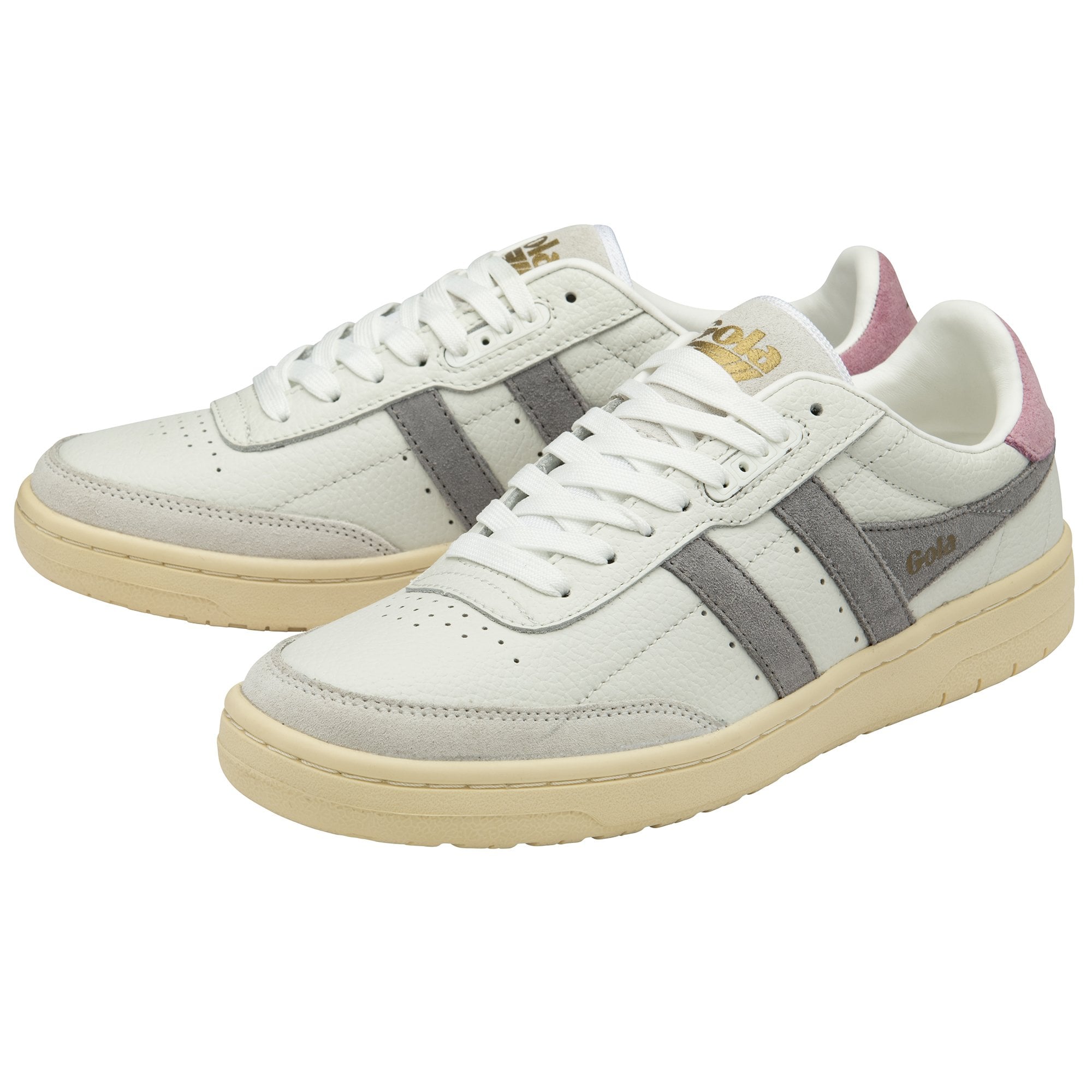A pair of white Gola men's trainers with grey stripes and pink heel accents.