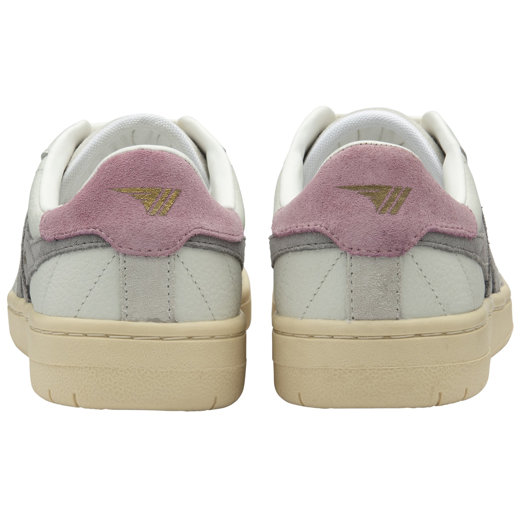 The back view of two Gola men's trainers, showing pink heel accents with gold logos.