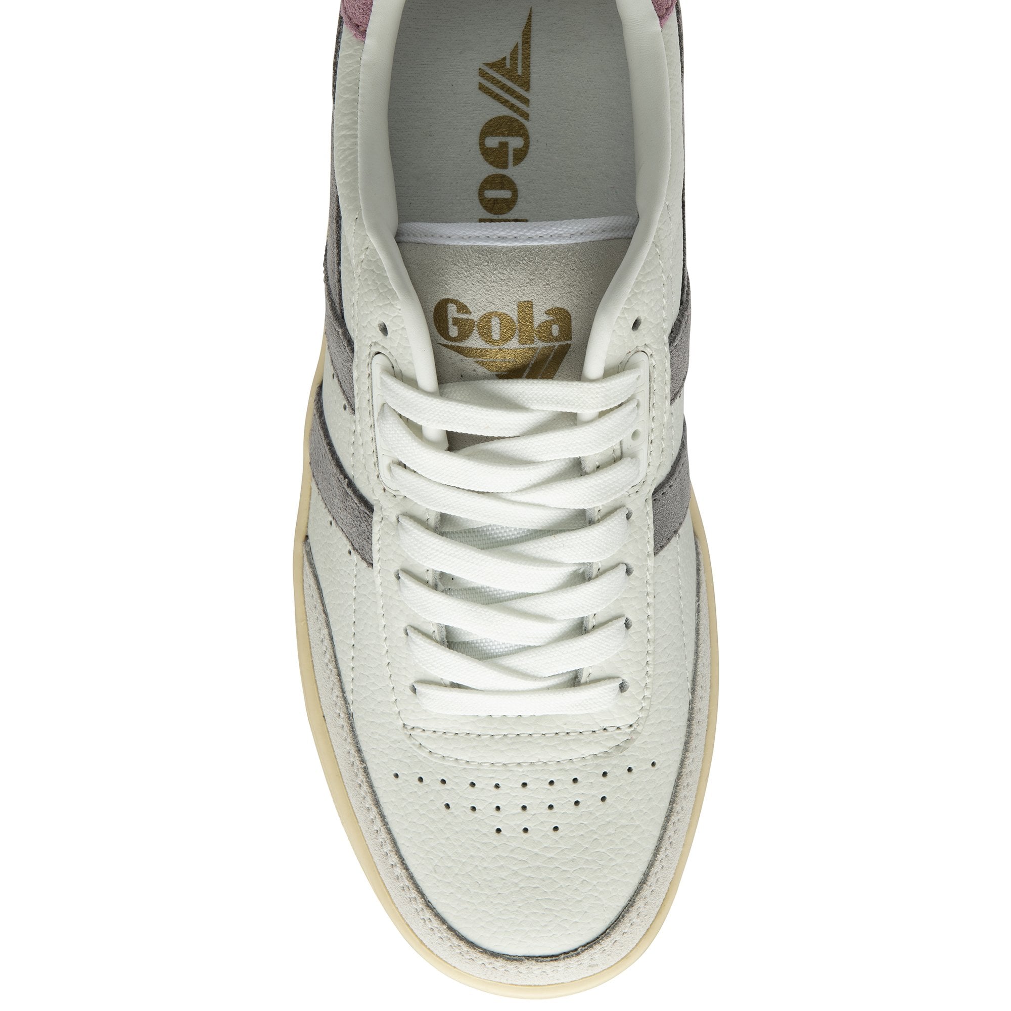 The top-down view of a white Gola men's trainer with grey stripes and white laces.