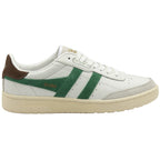 A white Gola sneaker with green stripes and a brown heel accent.
