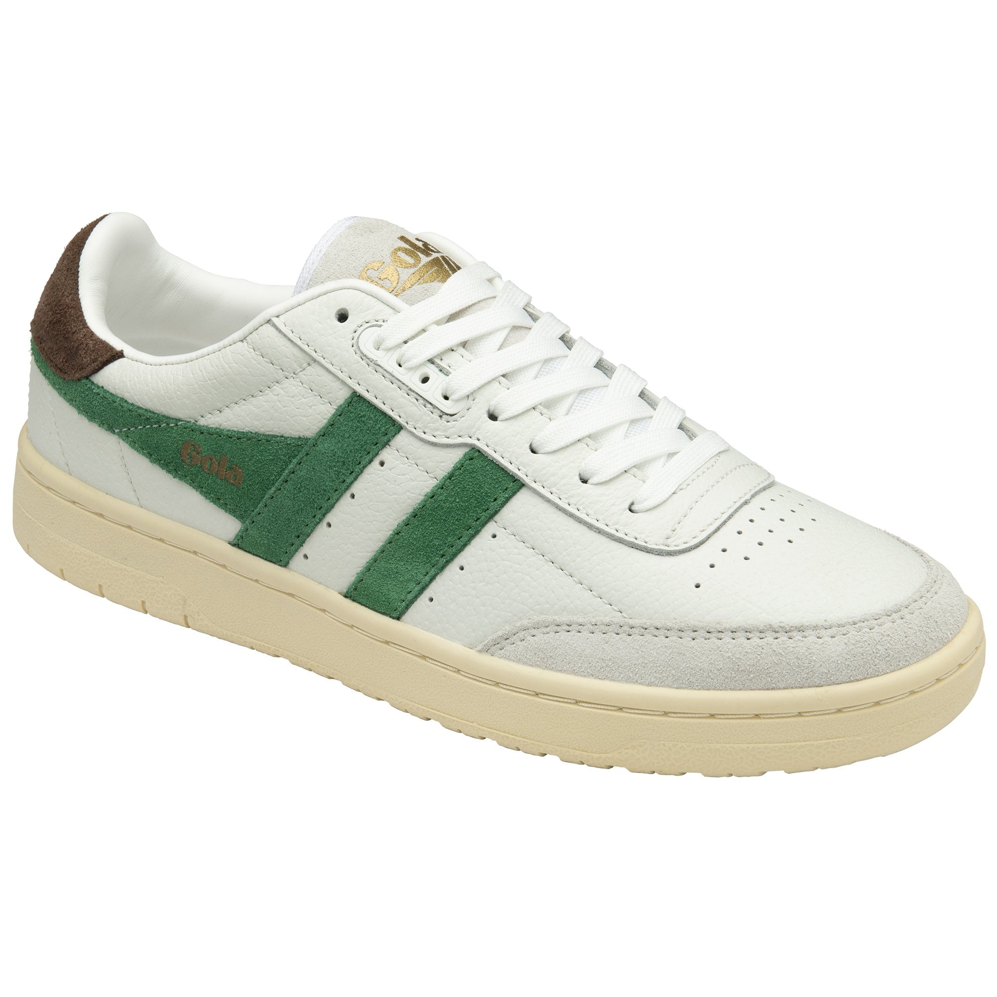 A white Gola sneaker with green stripes and a brown heel on a white background.