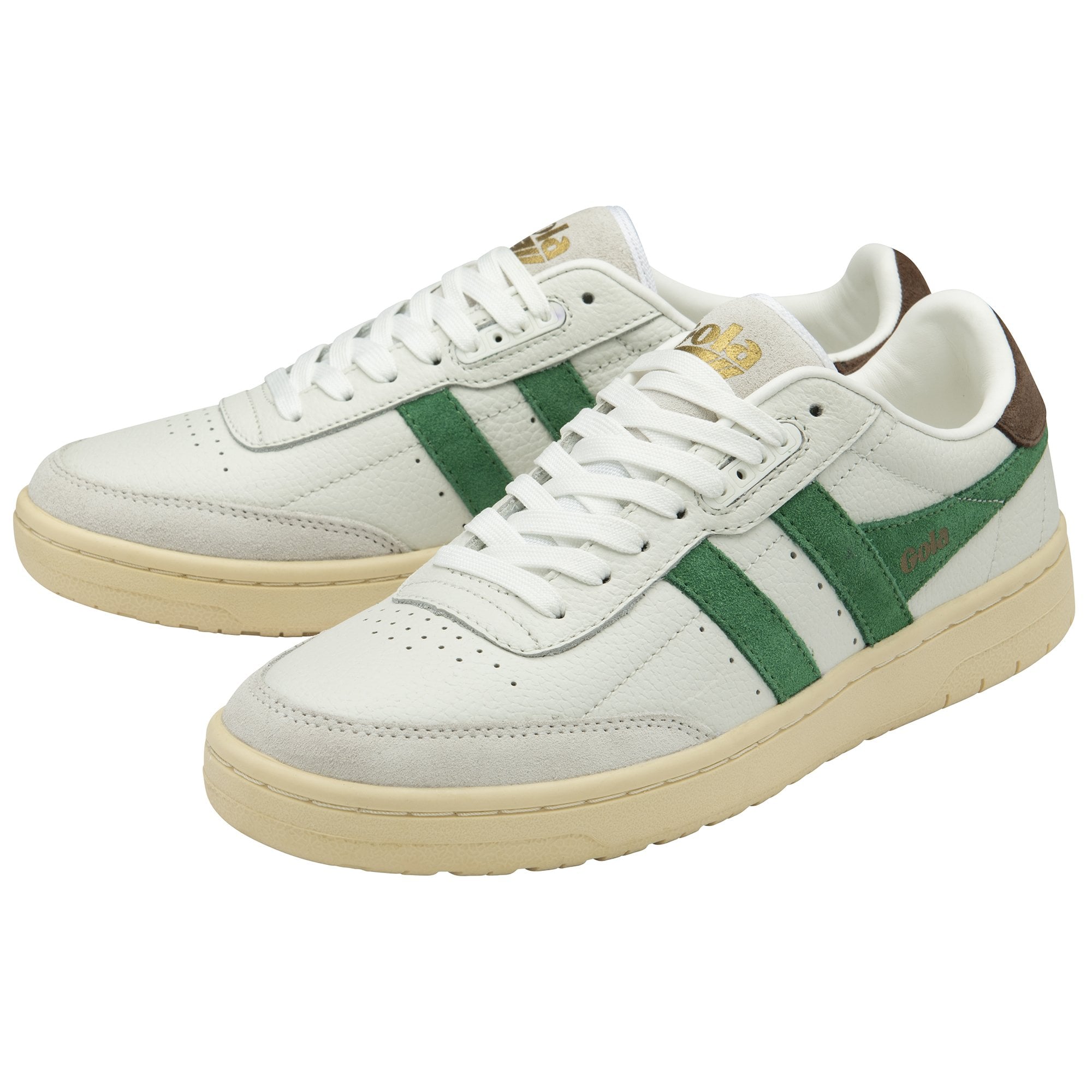 A pair of white Gola sneakers with green stripes and brown heel accents.