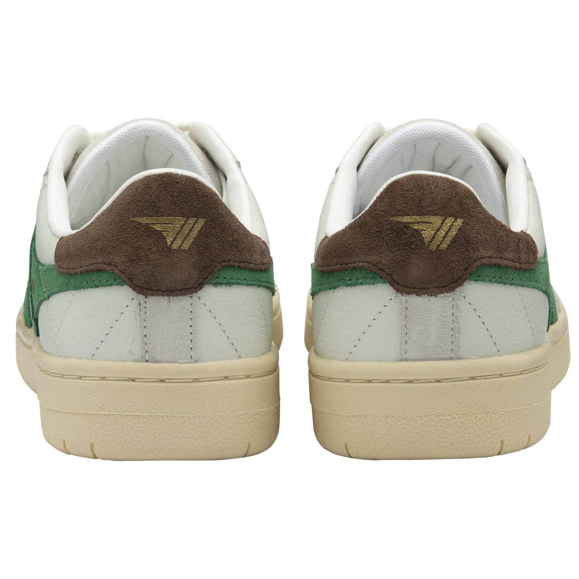 Rear view of two white Gola sneakers with green stripes and brown heels.