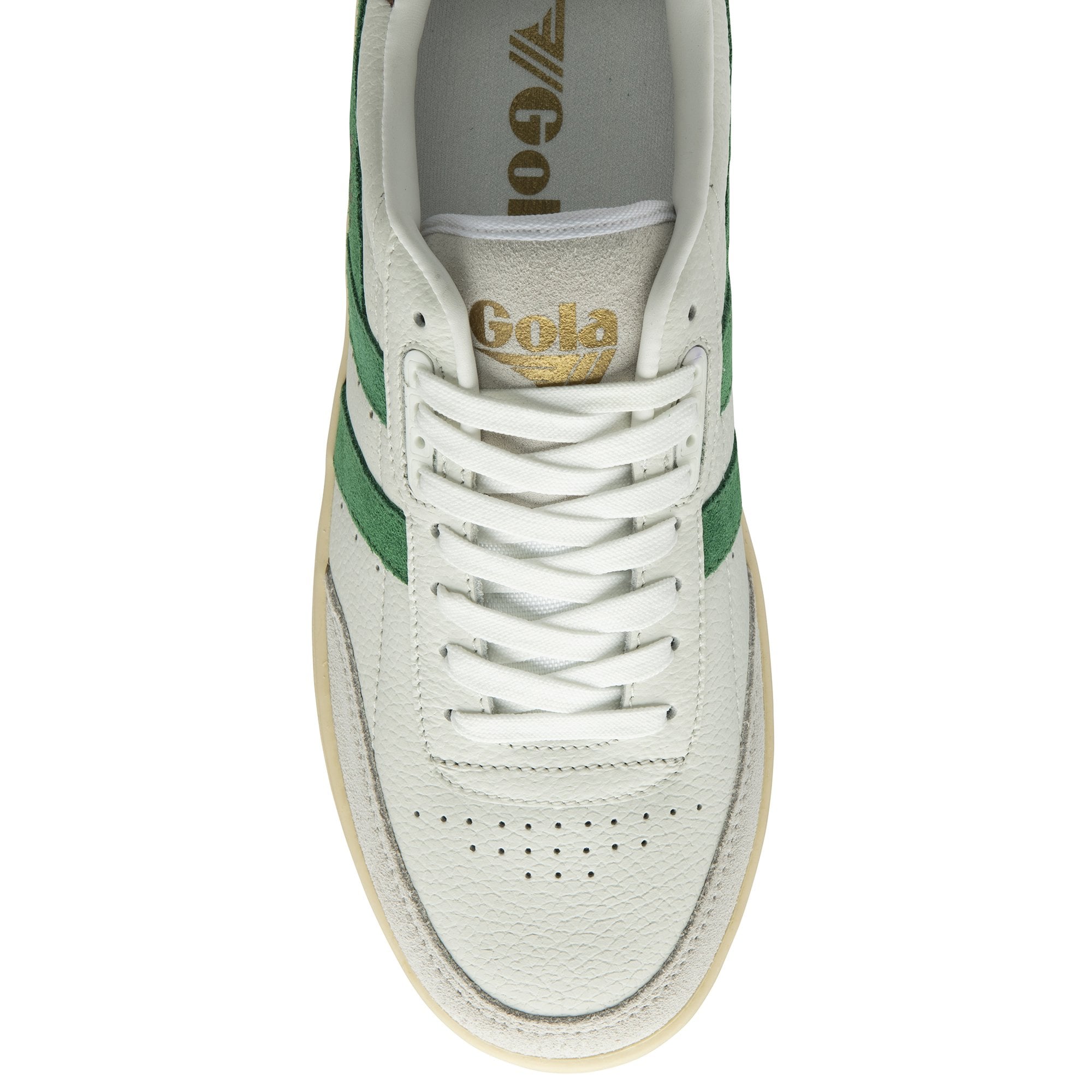 Top-down view of a white Gola sneaker with green stripes and gold logo detail.