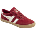 A single Gola low-top sneaker in red suede with white stripes, laces tied, on a white background.