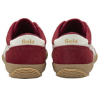 The back view of a pair of red Gola sneakers, showing the white heel tab with the brand name.