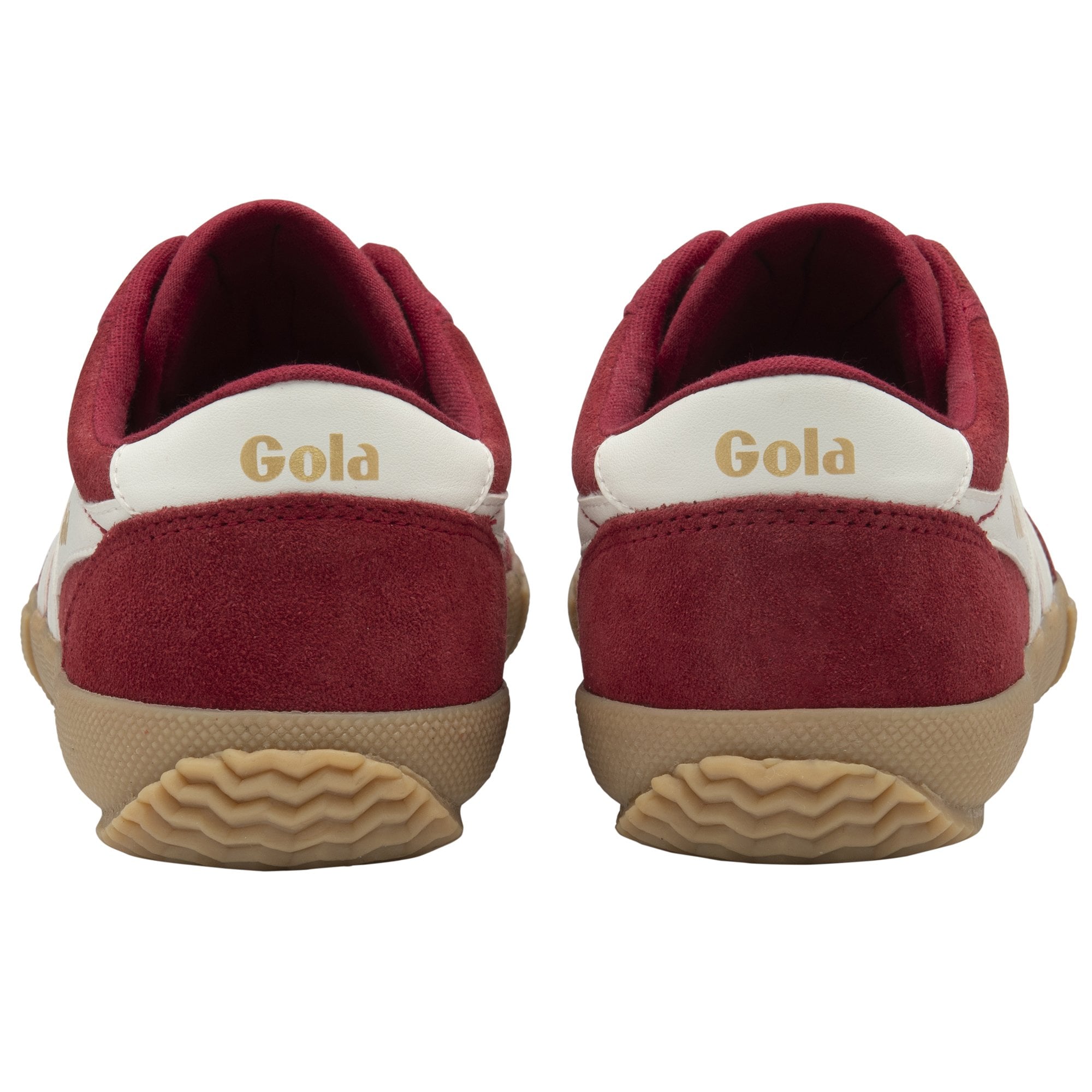The back view of a pair of red Gola sneakers, showing the white heel tab with the brand name.