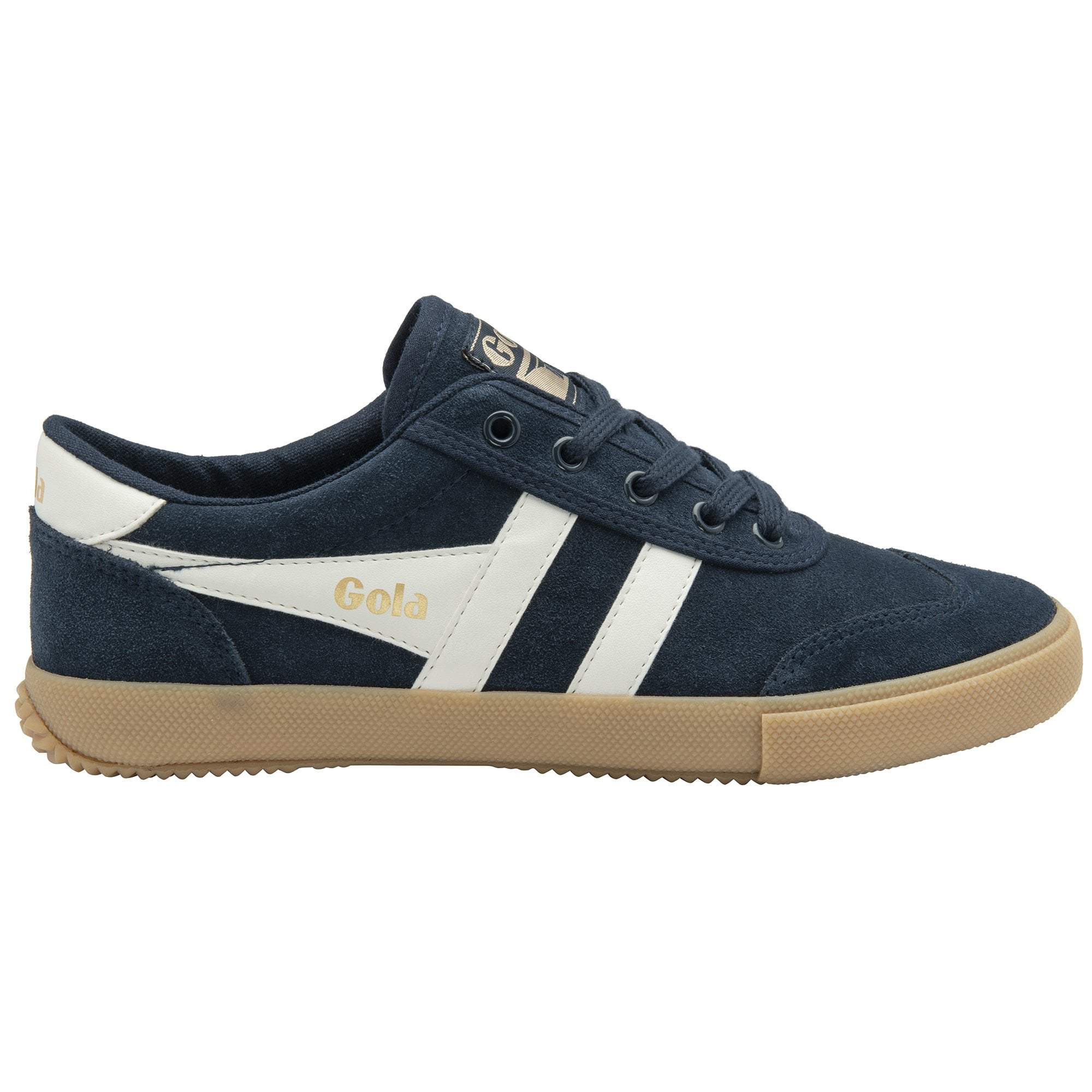 A single Gola men's sneaker in navy and off-white with a gum sole, facing left.