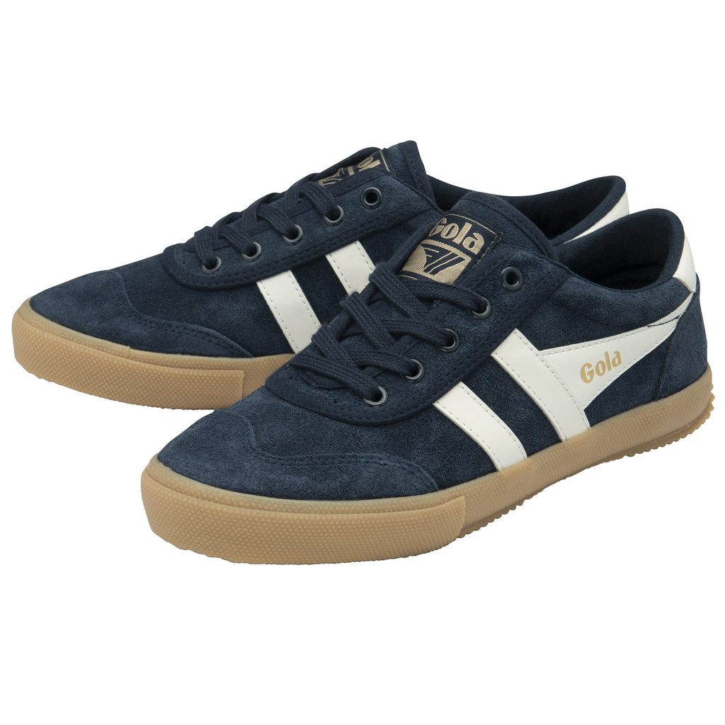 A pair of navy and off-white Gola men's sneakers with gum soles on a white background.