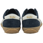 The back of a pair of navy and off-white Gola men's sneakers with gum soles.