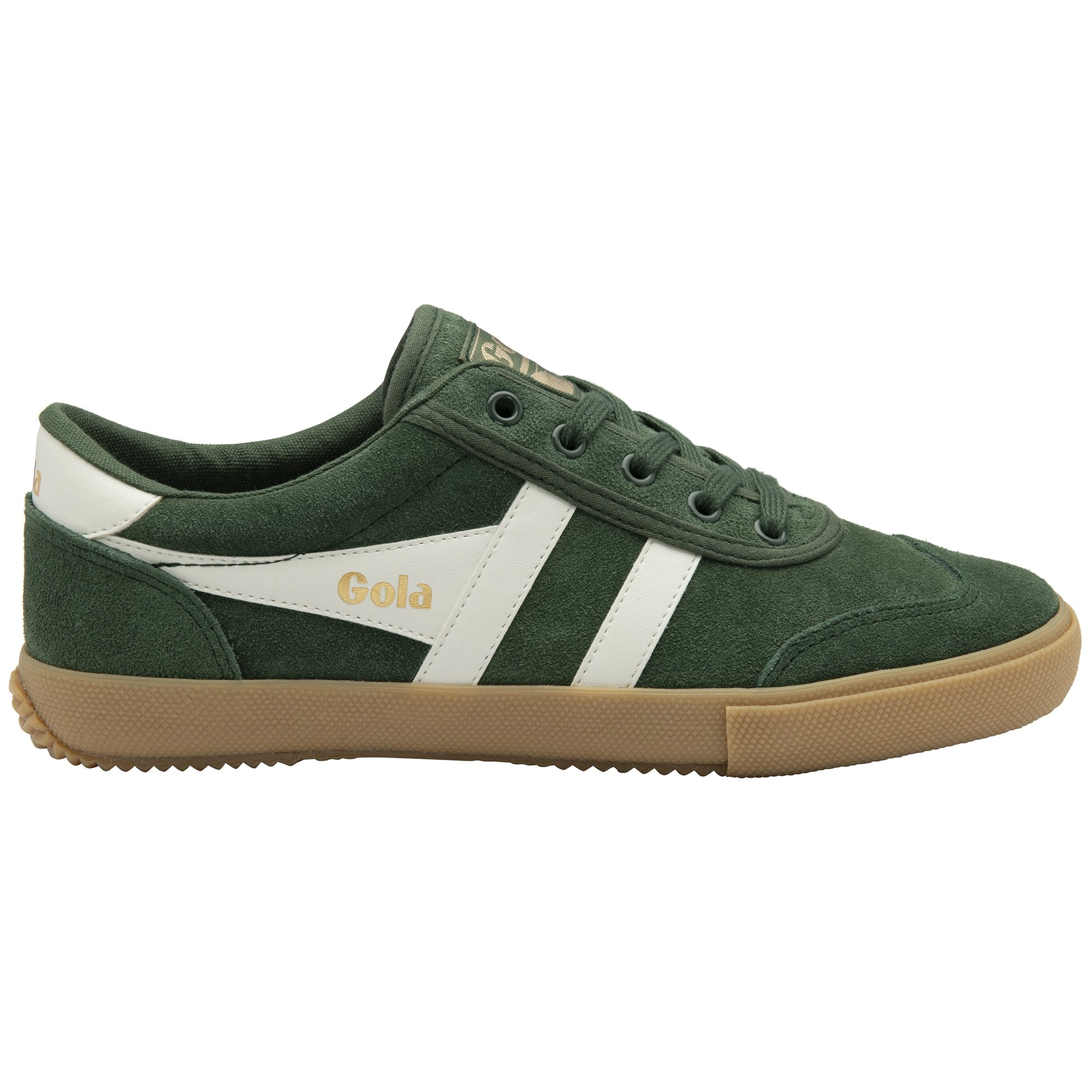 Side profile of a Gola men's low-top sneaker in dark green suede with white stripes.