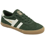 Angled view of a single Gola men's sneaker in dark green suede with white stripes.