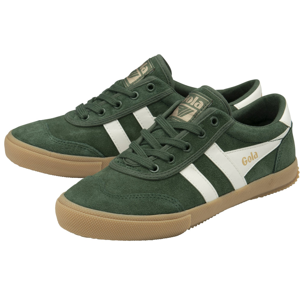 Pair of Gola men's sneakers in dark green suede with white stripes and gum soles.