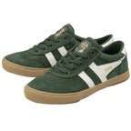 Pair of Gola men's sneakers in dark green suede with white stripes and gum soles.