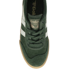 Top-down view of a single Gola men's green suede sneaker with white stripes and laces.