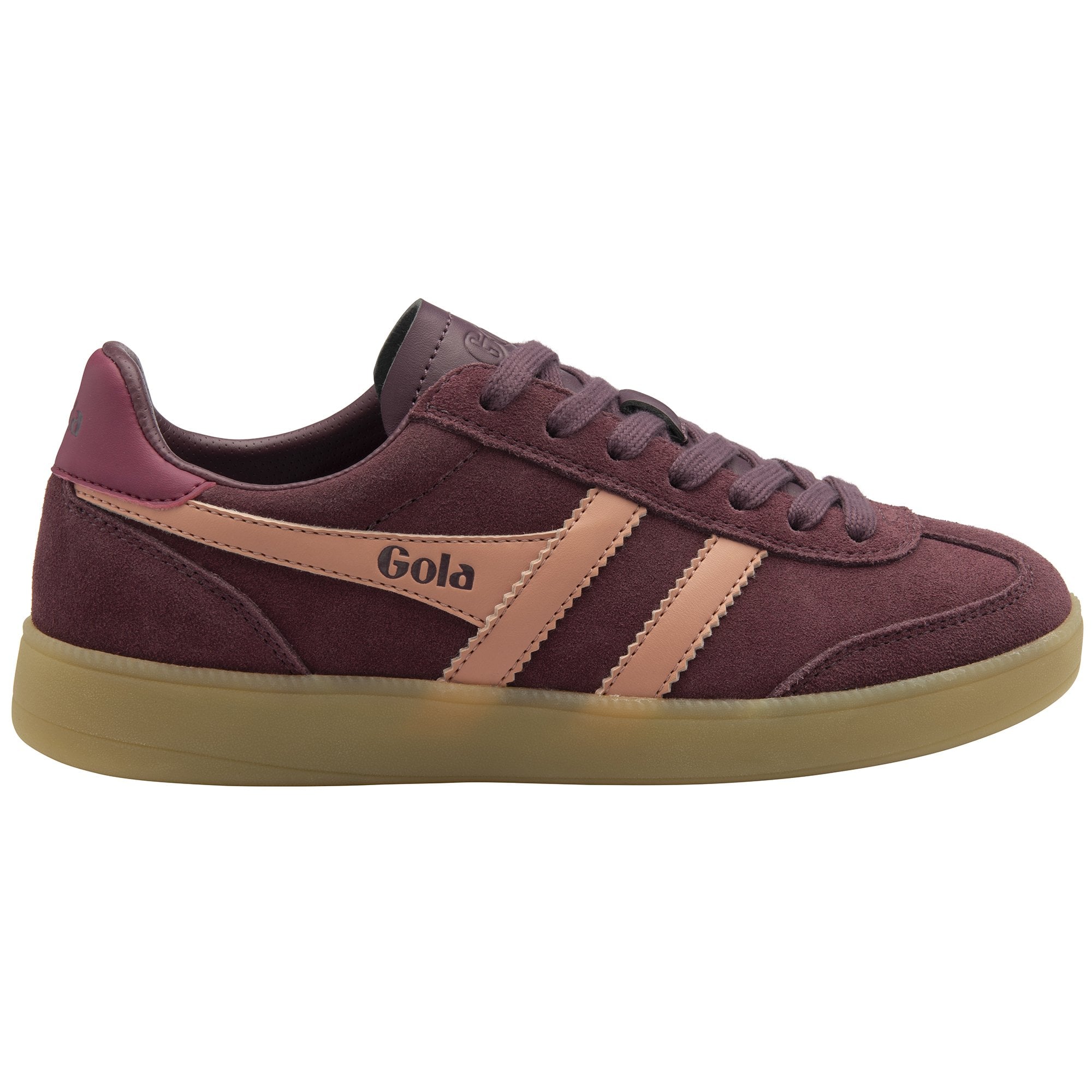A single burgundy Gola sneaker with tan stripes and a gum sole, viewed from the side.