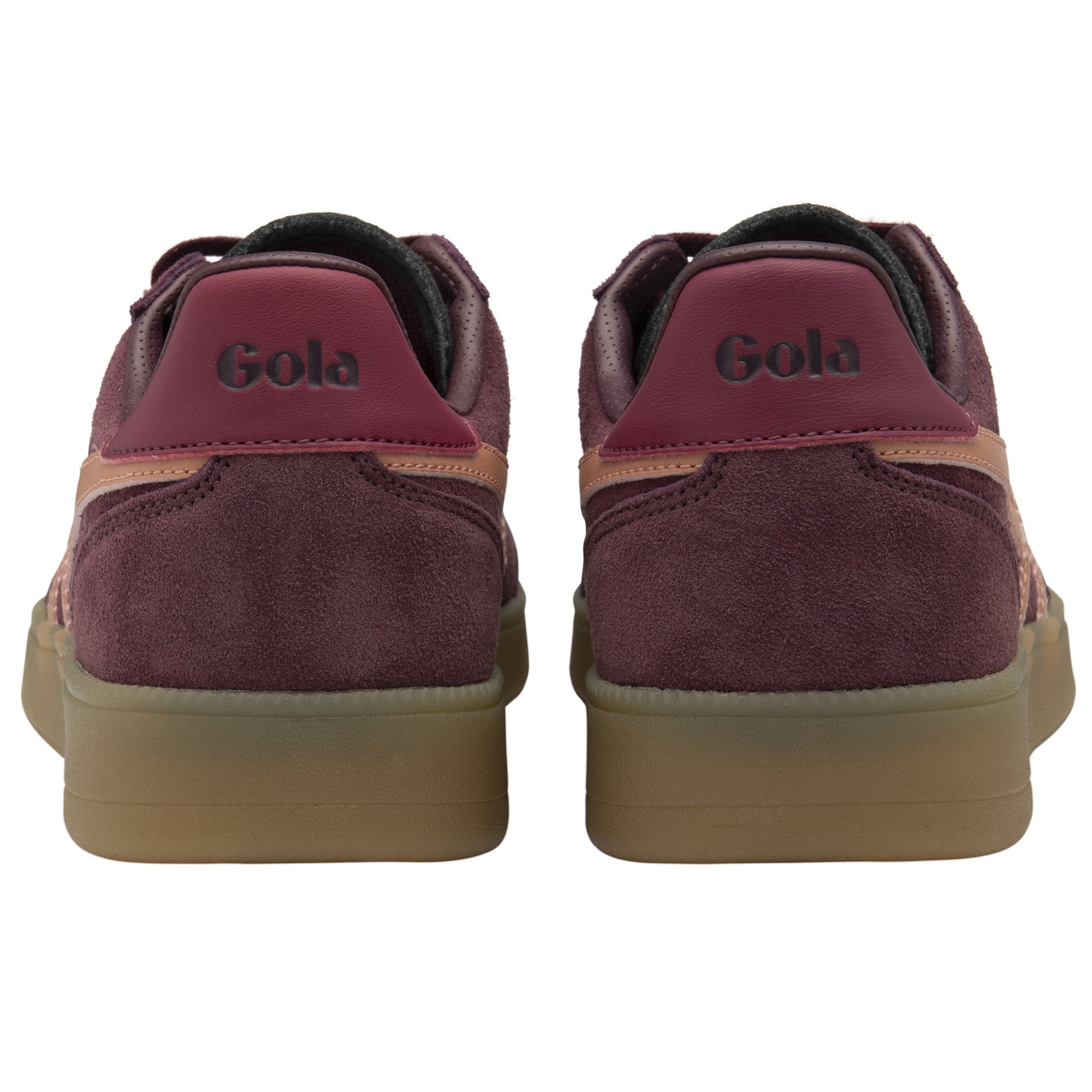 The back view of a pair of burgundy Gola sneakers with Gola branding on the heel.