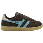 Brown Gola men's sneaker with blue stripe and beige sole, side view.
