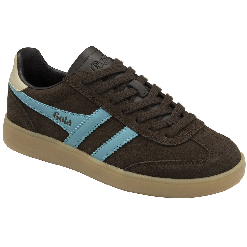 Brown Gola men's sneaker with blue stripe and beige sole, angled view.