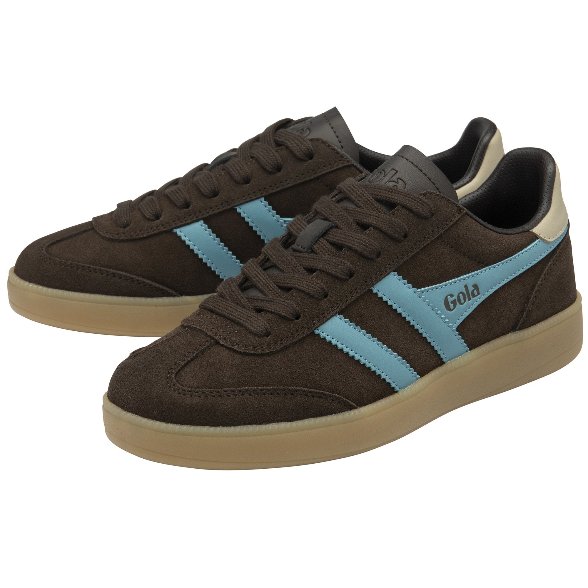 Pair of brown Gola men's sneakers with blue stripes and beige soles.