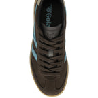 Top-down view of a brown Gola men's sneaker with blue stripes and dark laces.