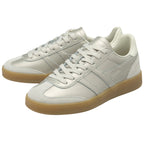 A pair of silver Gola Daytona trainers with tan soles on a white background.