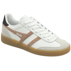 Angled view of a white Gola sneaker with brown stripes and a gum sole.