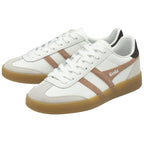 Pair of white Gola sneakers with brown stripes and gum soles.