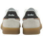 Rear view of two white Gola sneakers with brown and black accents.