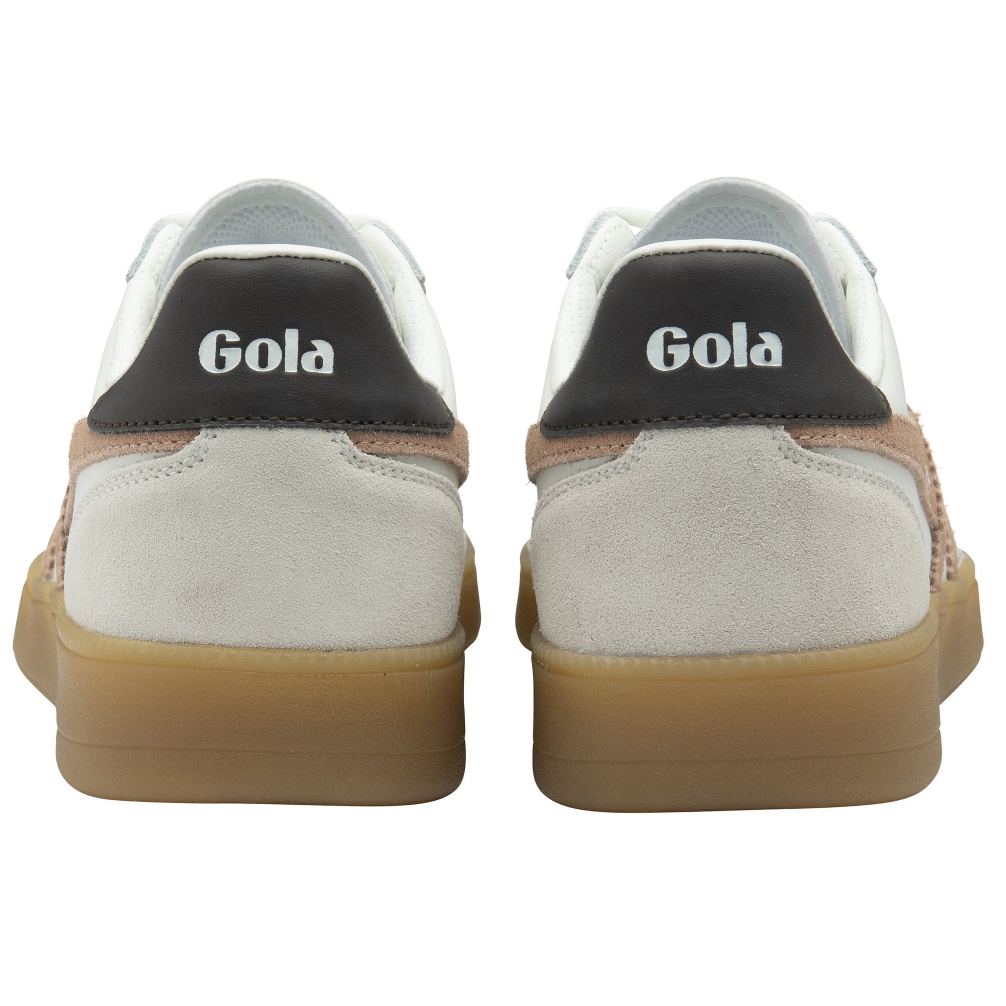 Rear view of two white Gola sneakers with brown and black accents.