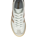 Top-down view of a white Gola sneaker with brown stripes and white laces.