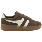Brown Gola men's sneaker with white stripes, side view.