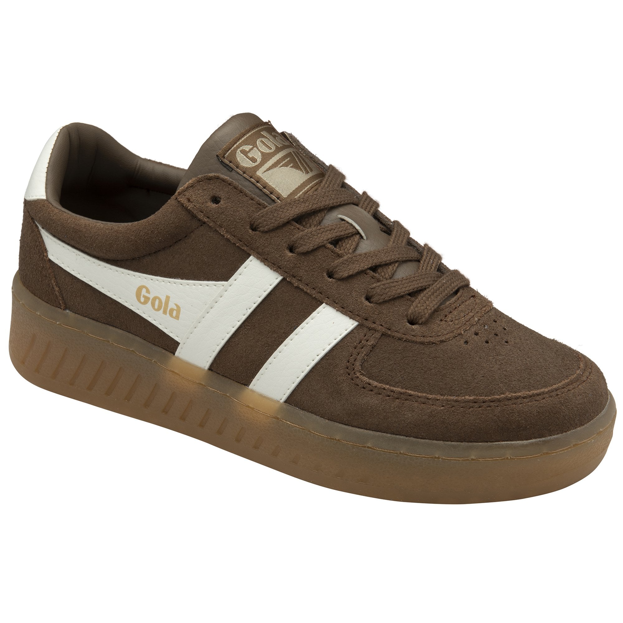 Brown Gola men's sneaker with white stripes, angled side view.