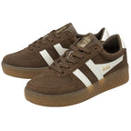Pair of brown Gola men's sneakers with white stripes, angled front view.