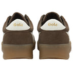 Pair of brown Gola men's sneakers with white heel accents, back view.