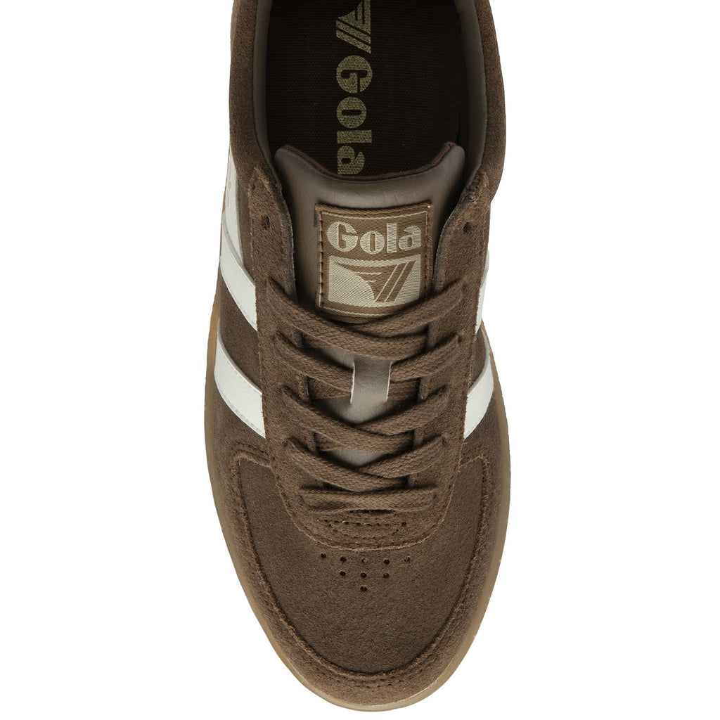 Brown Gola men's sneaker with white stripes and brown laces, top down view.